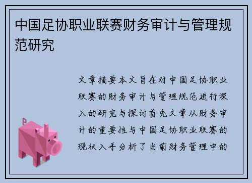 中国足协职业联赛财务审计与管理规范研究 中国足协职业联赛财务审计与管理规范研究