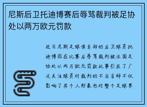 尼斯后卫托迪博赛后辱骂裁判被足协处以两万欧元罚款 尼斯后卫托迪博赛后辱骂裁判被足协处以两万欧元罚款